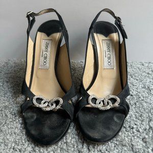 Jimmy Choo Slingback Satin Heels Sandals Crystal Embellishment Open-Toe
